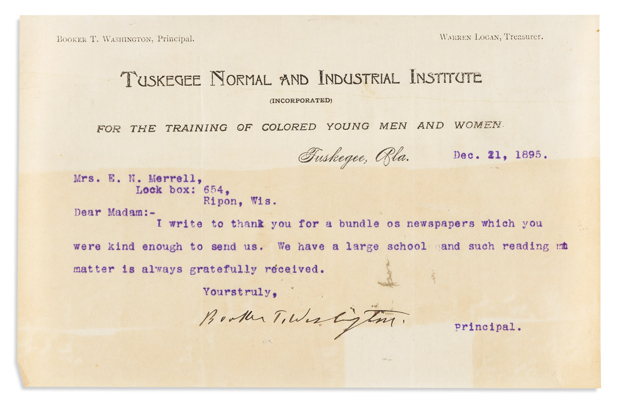 WASHINGTON, BOOKER T. Typed Letter Signed, to Mrs. E.N. Merrell,